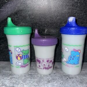 3 Playtex Sipster Plastic Sippy Cup with Valve Dinosaurs  Dogs Vintage 90's